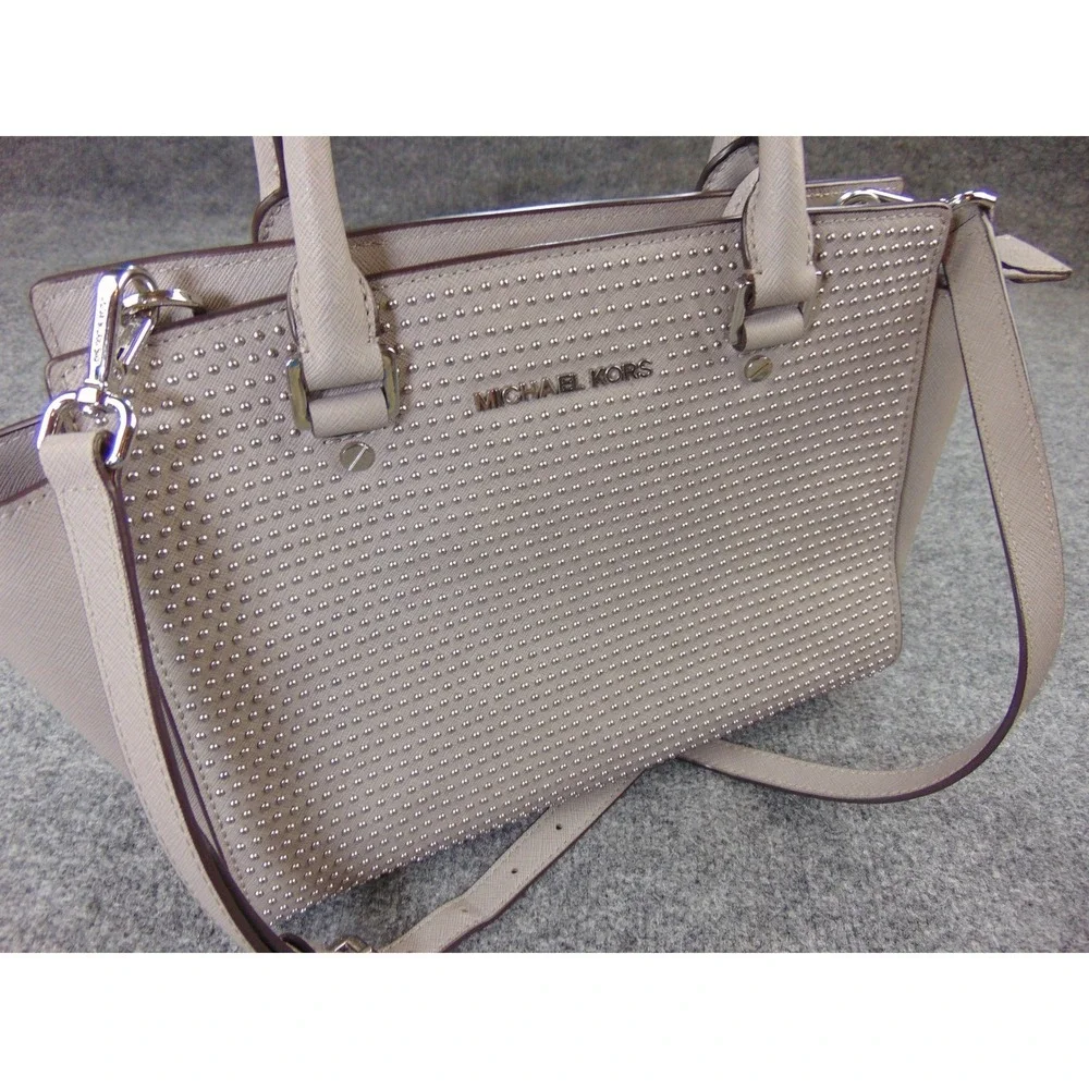 Michael Kors Selma Studded Satchel Bag Tan Beige Saffiano Leather‎ Crossbody